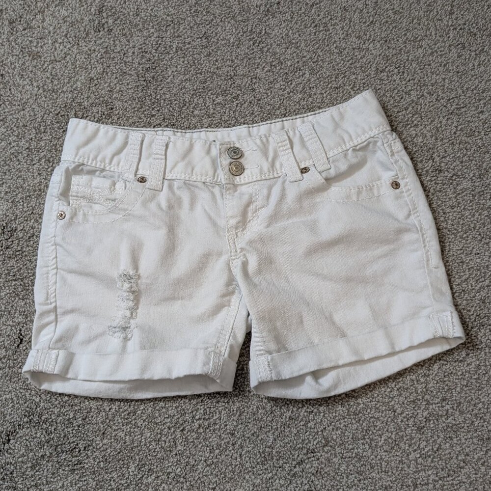 RUE 21 White Stretch Denim Low Rise Cuffed Distressed Jean Shorts; Size 1/2